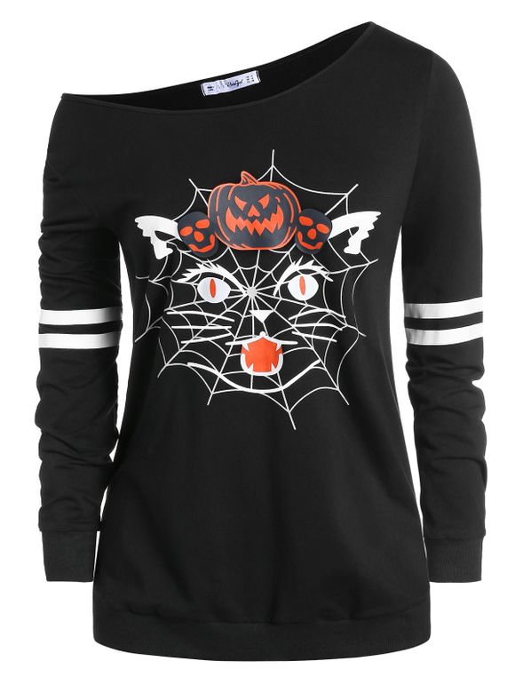 Plus Size Halloween Skew Neck Pumpkin Spider Web Print Sweatshirt - BLACK 4X