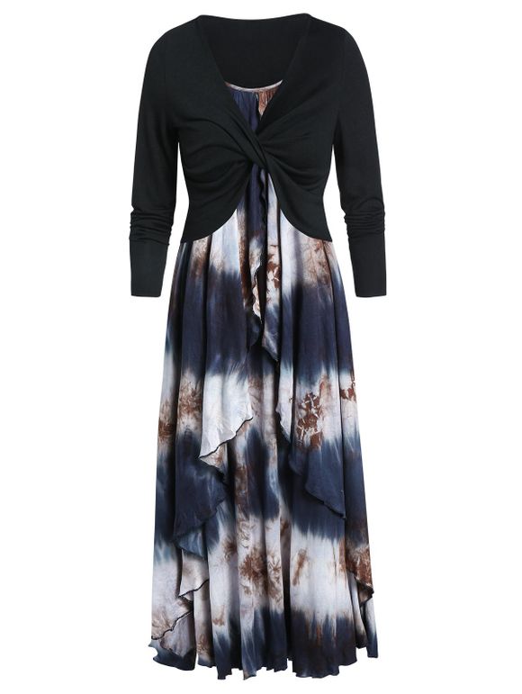 Robe Teintée Imprimée à Bretelle à Volants avec Haut Court Tordu - Noir 2XL
