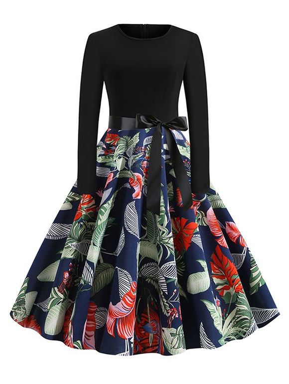 Robe Evasée Ceinturée Fleurie Feuille Imprimée à Pois - multicolor B XL