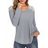 T-shirt Panneau en Dentelle Manches Longues à Ourlet Courbe - Gris 2XL