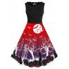 Plus Size Bat Pumpkin Print Halloween Vintage Dress - RED 1X