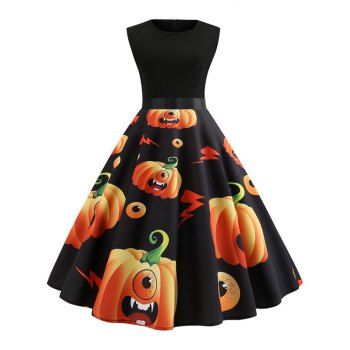 

Pumpkin Print Belted Sleeveless Halloween Dress, Multicolor