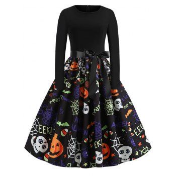 Pumpkin Skull Spiders Belted Flared Halloween Dress