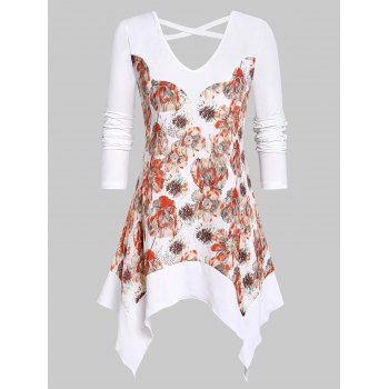 

Plus Size Floral Print Criss Cross Handkerchief T Shirt, White