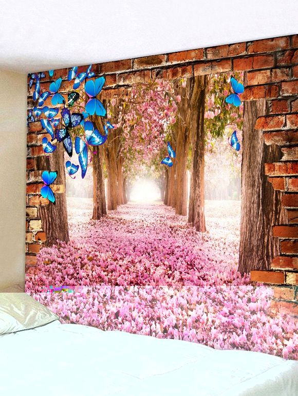 Tapisserie Murale Pendante Art Décoration Papillon Forêt et Fleur Imprimés - Rose Vif W91 X L71 INCH