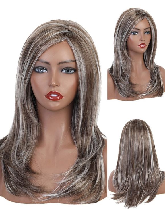 Side Part Natural Mixed Layer Long Curly Synthetic Wig - multicolor 