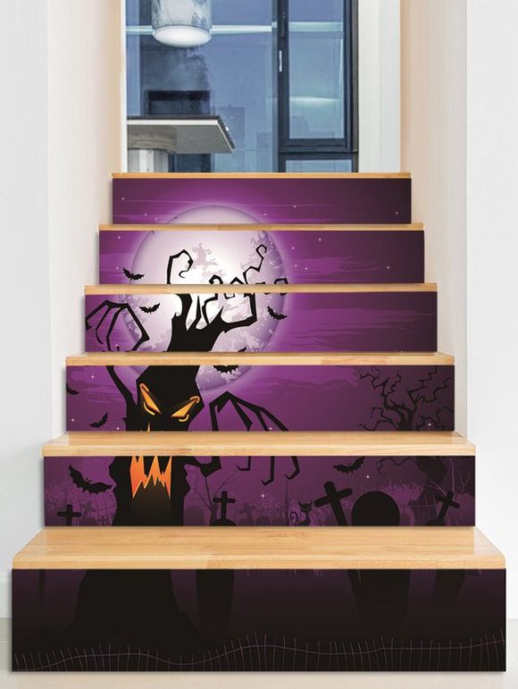 Autocollants d'Escaliers d'Halloween Amovibles Motif de Cimetière - multicolor A 6PCS X 39 X 7 INCH( NO FRAME )
