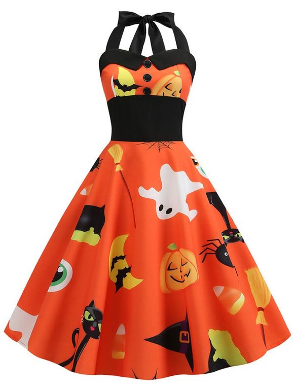 Robe d'Halloween Citrouille Fantôme Plissée au Dos avec Boutons - Orange Halloween XL
