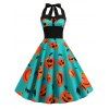 Pumpkin Ghost Buttons Smocked Back Halloween Dress - MACAW BLUE GREEN M