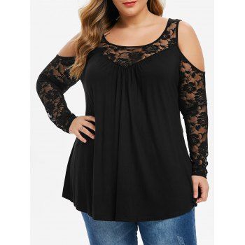 

Plus Size Cold Shoulder Floral Lace T-shirt, Black