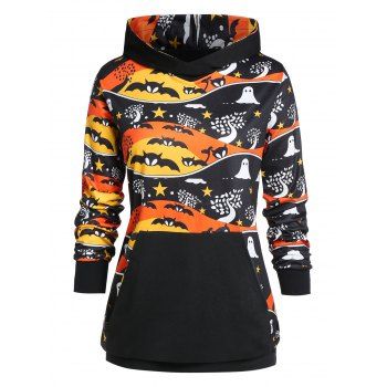 

Plus Size Bat Print Tunic Long Sleeve Hoodie, Black