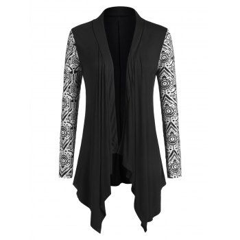 

Plus Size Tribal Print Open Front Hanky Hem Cardigan, Black