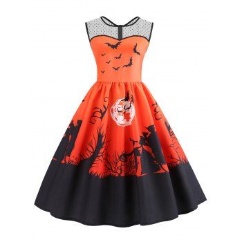 

Mesh Panel Bat Print Flared Halloween Dress, Pumpkin orange