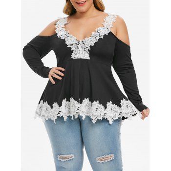 

Plus Size Two Tone Cold Shoulder Applique T Shirt, Black