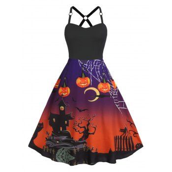 

Plus Size Halloween Fit And Flare Printed Vintage Dress, Black