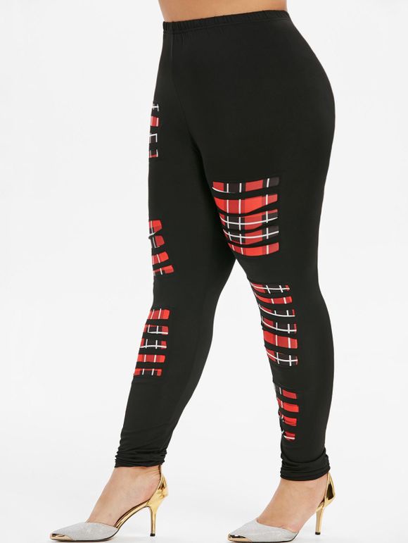Legging Découpé Panneau à Carreaux à Taille Haute de Grande Taille - Noir 5X