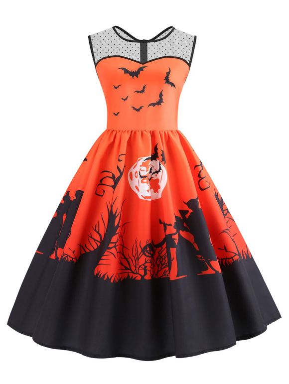 Robe d'Halloween Evasée Panneau en Maille Chauve-souris Imprimé - Orange Citrouille XL