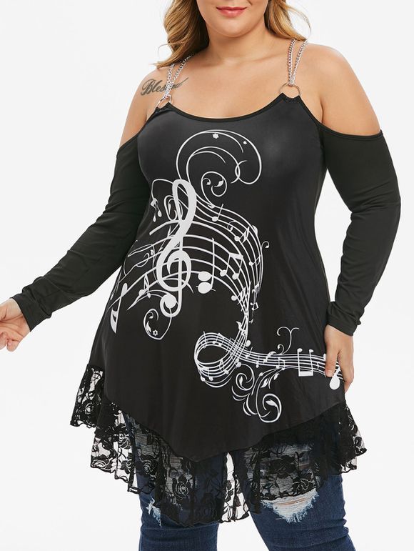 Plus Size Musical Notes Lace Panel Chains Open Shoulder Tunic Tee - BLACK 2X