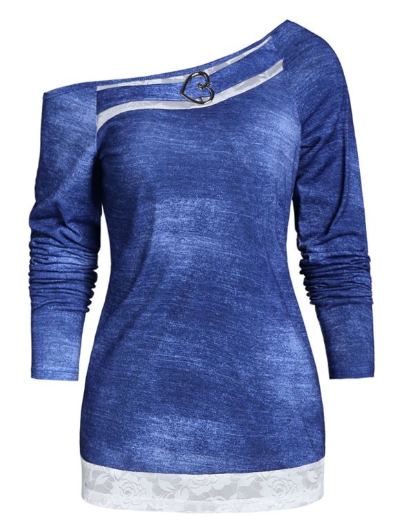 Sweat-shirt Panneau en Dentelle Manches Longues à Col Oblique - Bleu Toile de Jean XL