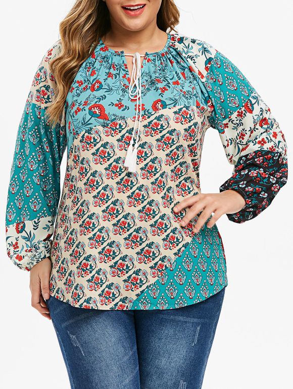 Blouse Fleuri à Manches Raglan Grande Taille à Frange - Vert 1X