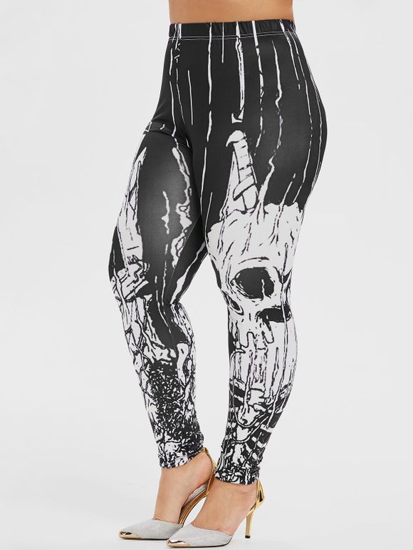Legging d'Halloween Squelette Imprimée à Coupe Haute de Grande Taille - Noir 1X