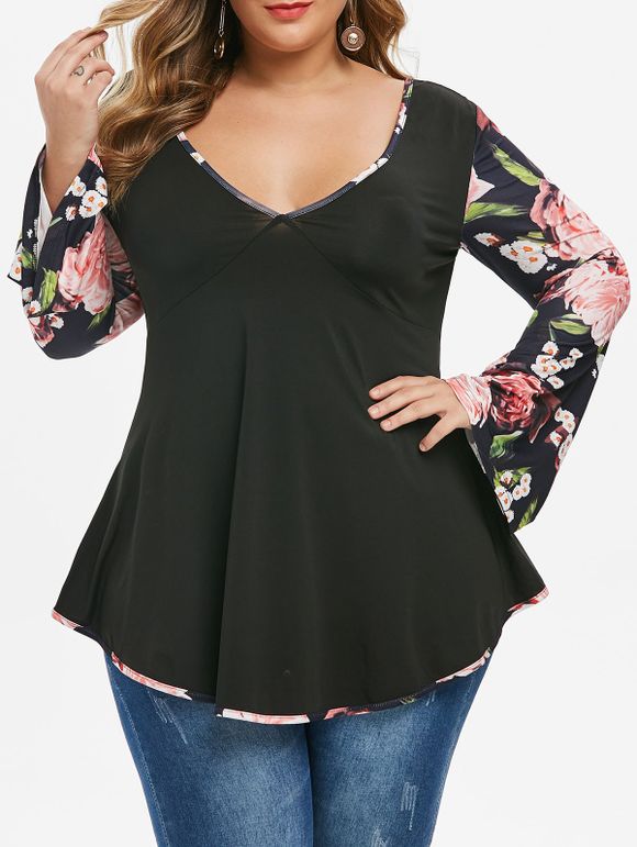 Plus Size Plunge Flower Sleeve Curved Backless Tee - FLAMINGO PINK 2X