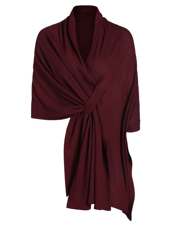 High Low Asymmetrical Knit Solid Cape - RED WINE L