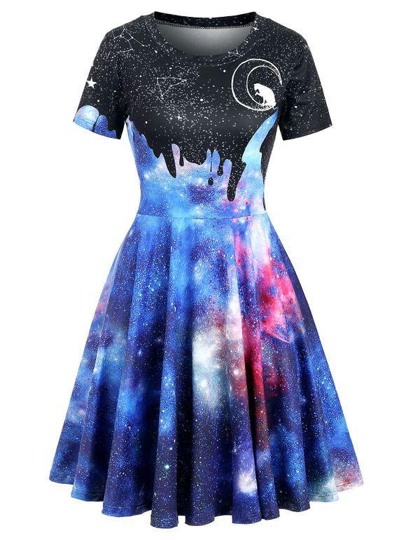 Cat Moon Galaxy Print Short Sleeve Dress - multicolor C XL