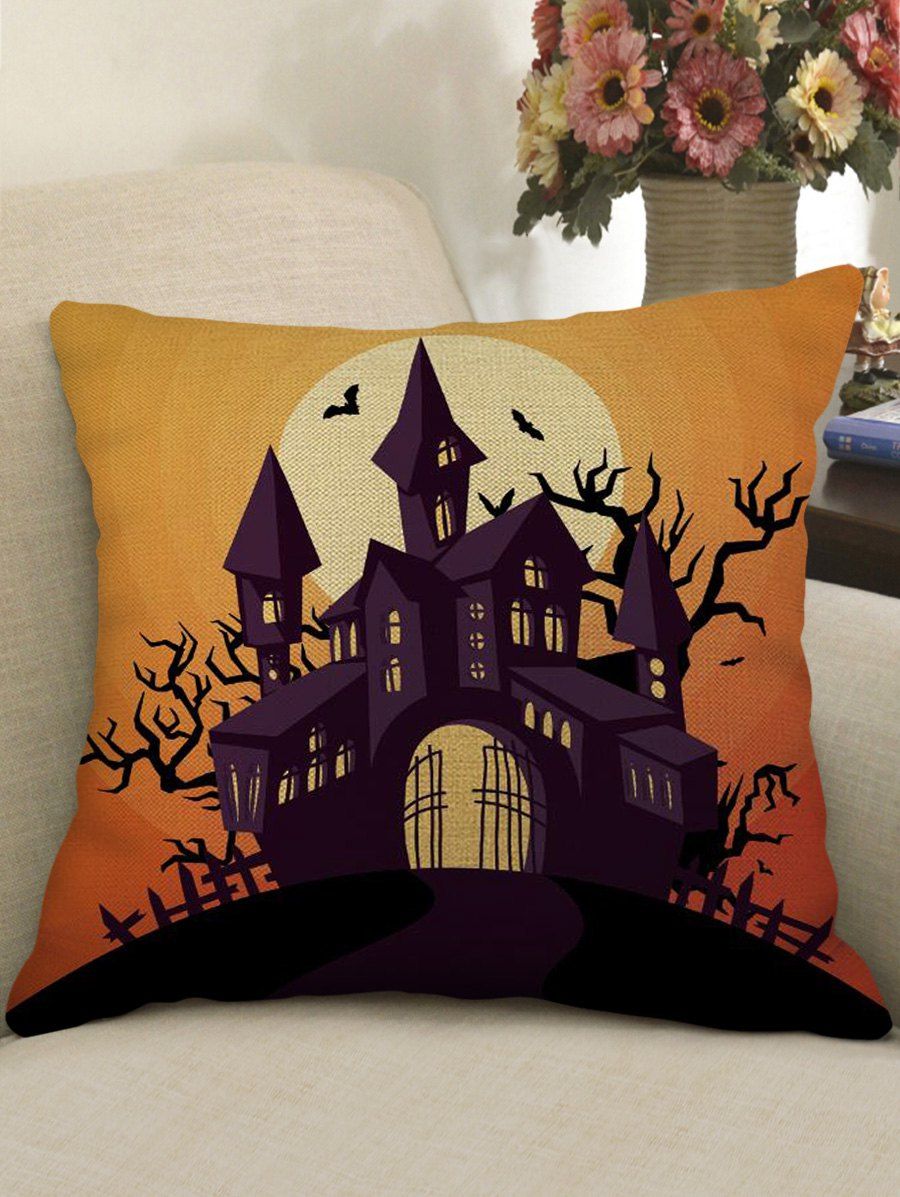 Halloween Castle Moon Print Square Pillowcase - SAFFRON W18 X L18 INCH