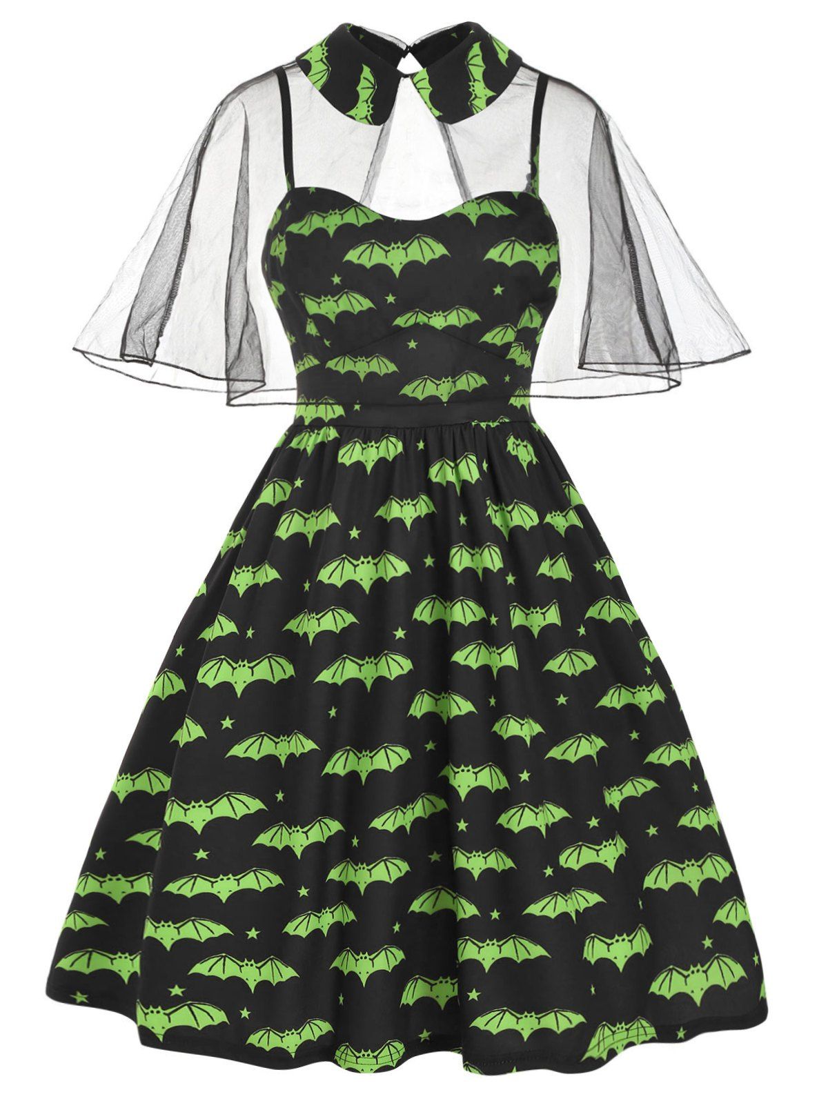 Plus Size Vintage Bat Print Halloween Swing Dress With Mesh Capelet - BLACK L