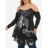Plus Size Musical Notes Lace Panel Chains Open Shoulder Tunic Tee - BLACK 2X