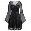 Robe en Dentelle en Maille Transparente à Manches de Cloche de Grande Taille - Noir L