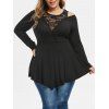 T-shirt en Dentelle Transparente Insérée Grande Taille à Col Rond - Noir 4X