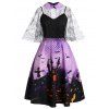 Ensemble de Robe d'Halloween Toile d'Araignée Chauve-souris et Château Imprimés de Grande Taille - Iris Pourpre 4X