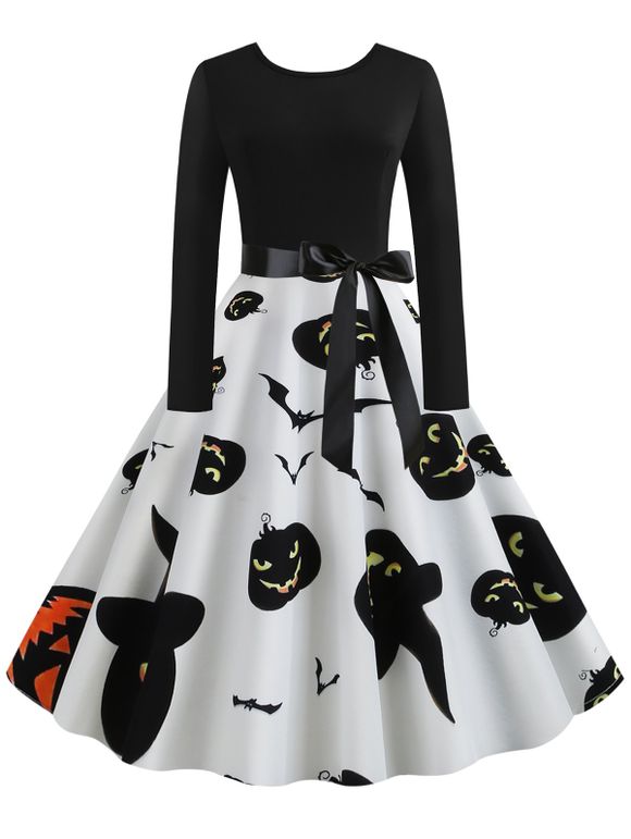 Robe d'Halloween Ceinturée Chauve-souris Citrouille et Fantôme Imprimés - Blanc S