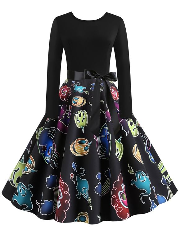 Robe d'Halloween Ceinturée Chauve-souris Citrouille et Fantôme Imprimés - Noir XL