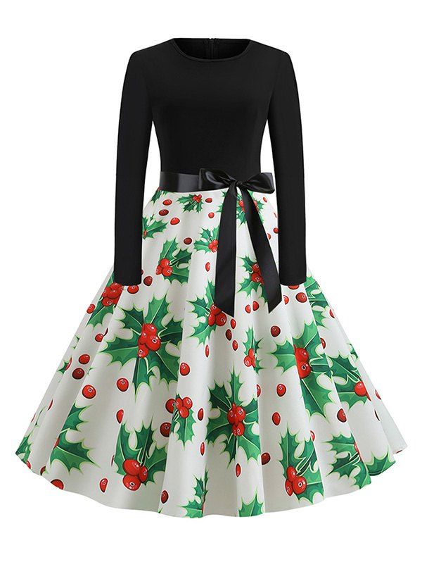 Christmas Berry Snowflake Gift Print Long Sleeve Dress - DEEP GREEN 2XL