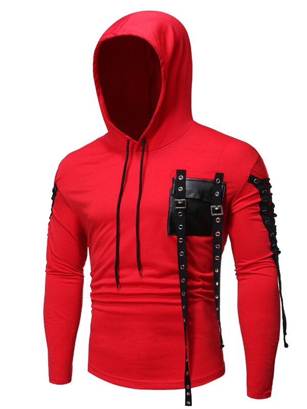 Gothic Grommet Lace Up Sleeve PU Chest Hoodie - CHESTNUT RED 2XL