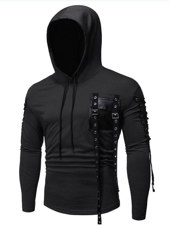 Sweat à Capuche Gothique Manches à Lacets en PU ave œillet - Noir 2XL