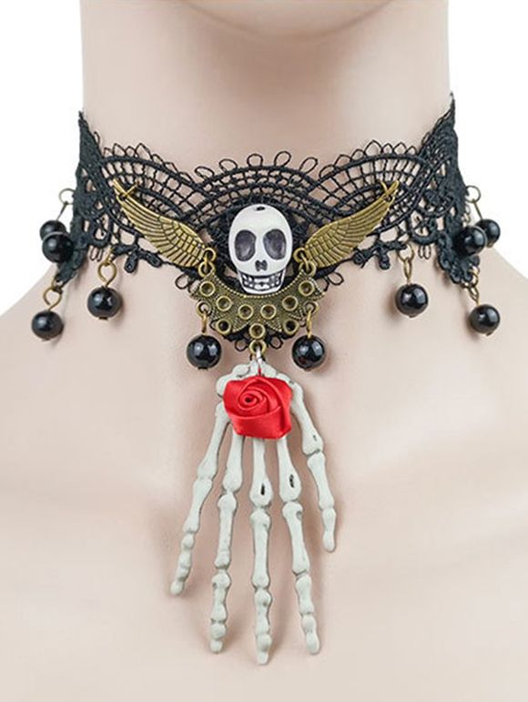 Ras-du-Cou d'Halloween Crâne Aile et Main Squelette en Dentelle - Noir 