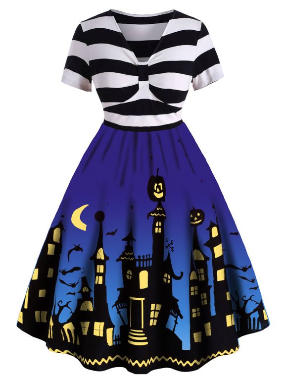 Plus Size Striped Halloween Flare Dress - BLUE 3X