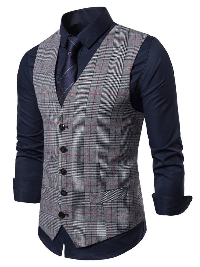 

Plaid Pattern V-Neck Casual Waistcoat, Light gray