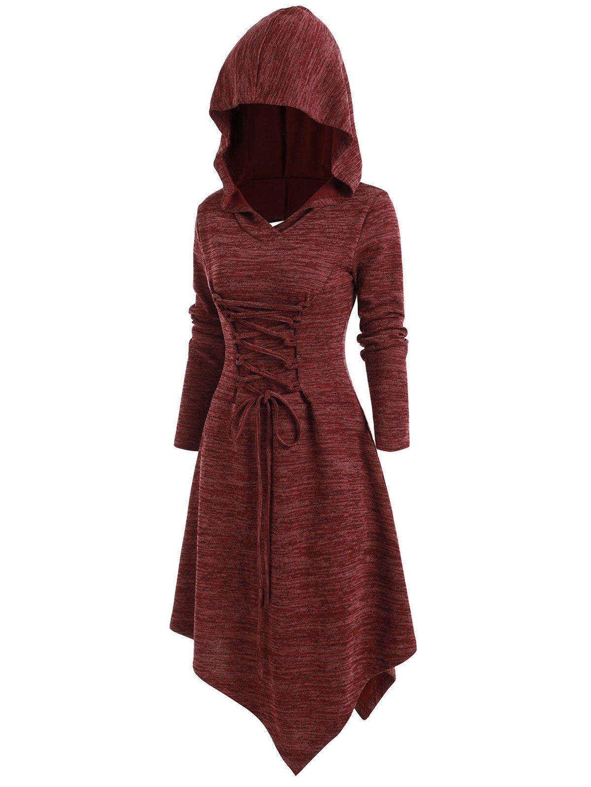 Lace Up Heathered Asymmetric Hooded Dress - RED WINE 2XL
