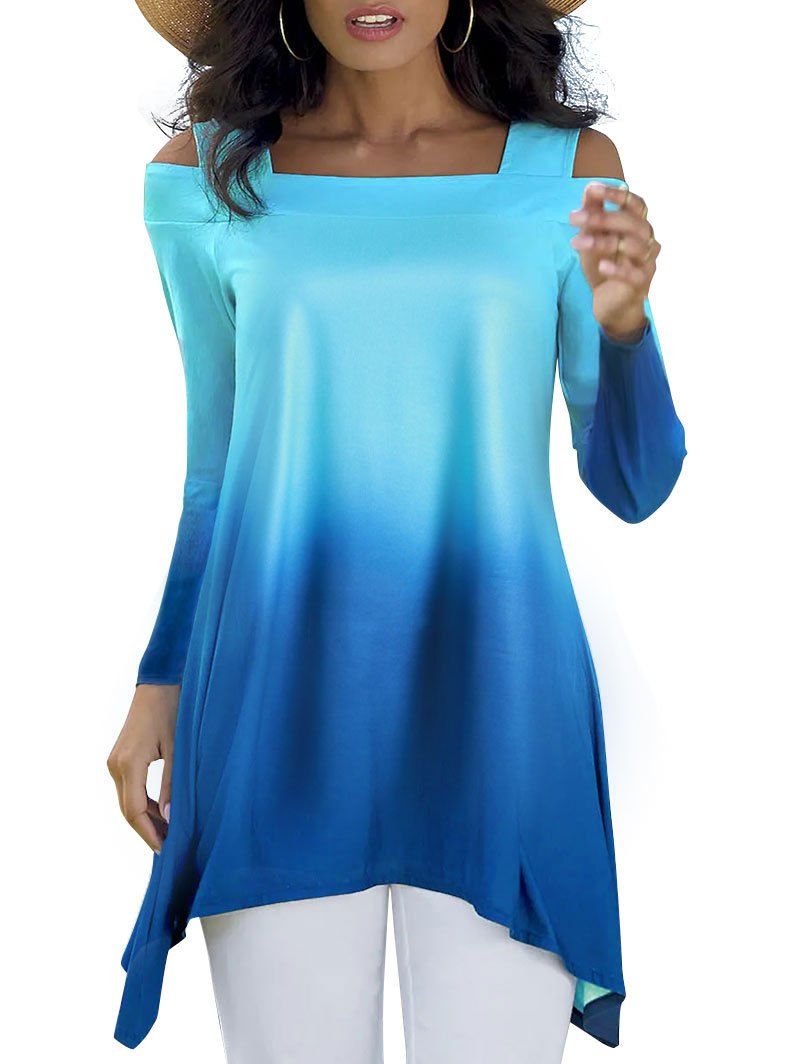 

Ombre Cold Shoulder Asymmetrical T-shirt, Celeste