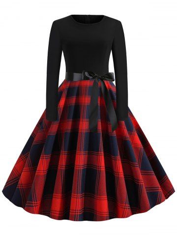 Plaid Belted Long Sleeves Flare Dress
