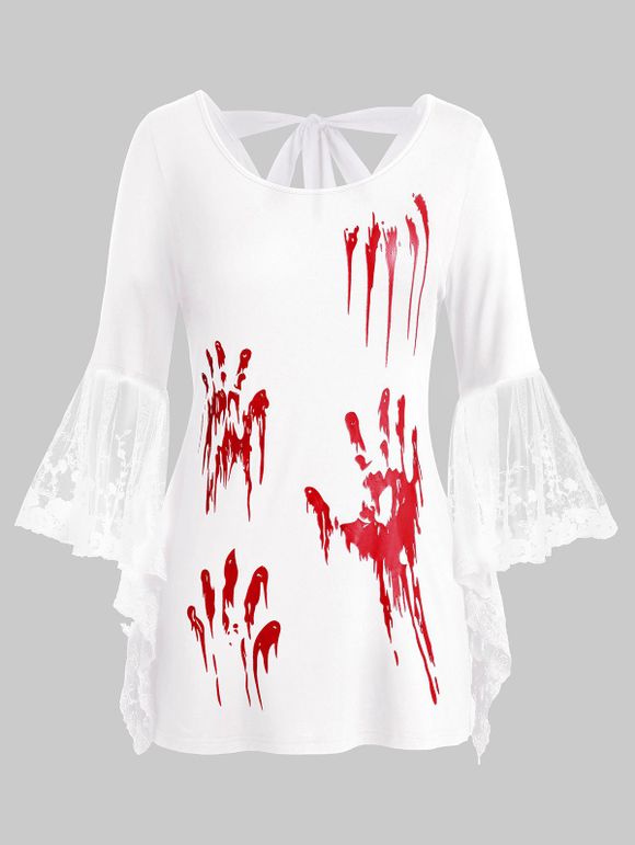 T-shirt d'Halloween Main avec Sang Manches de Cloche de Grande Taille - Blanc L