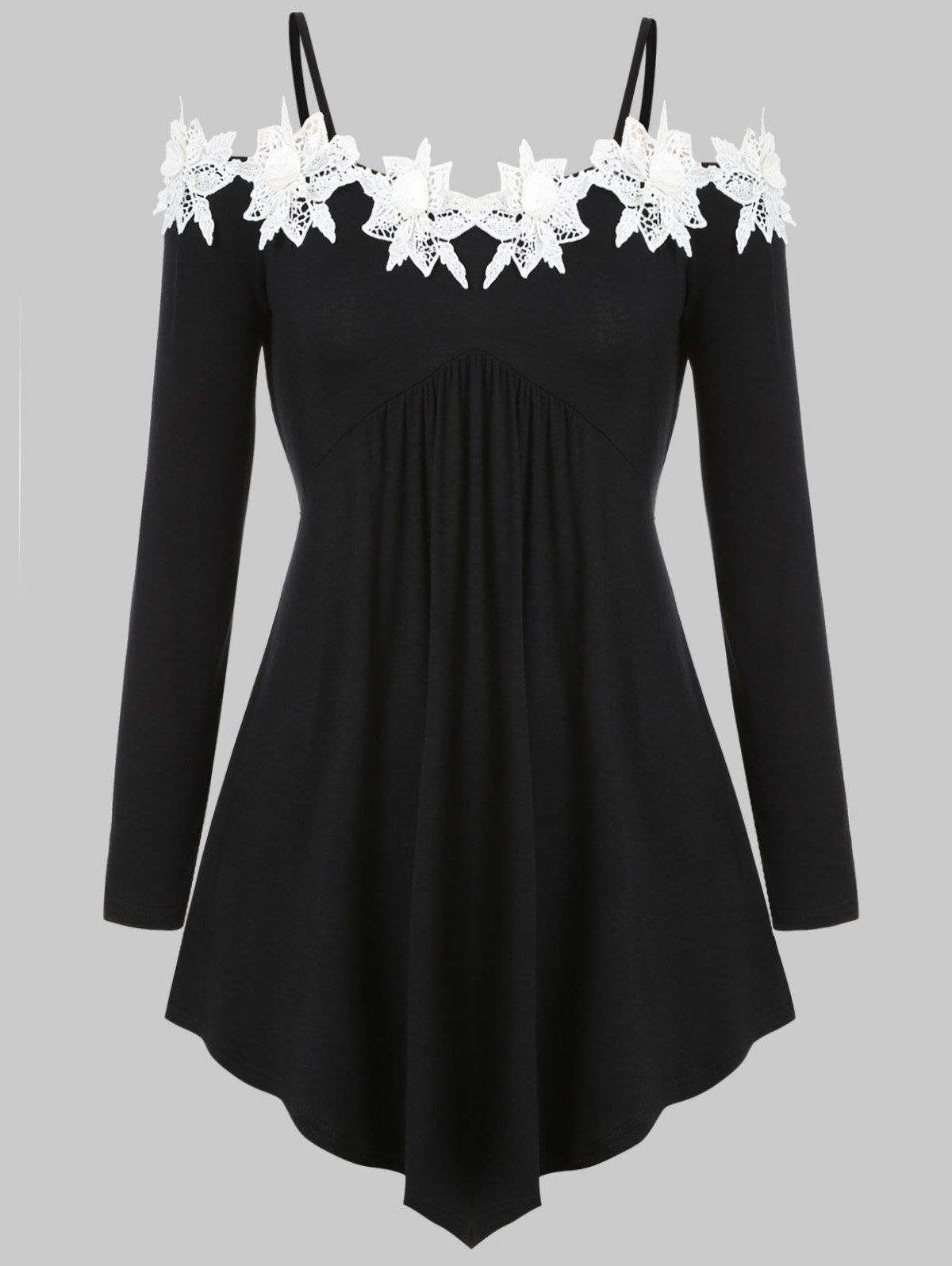 

Floral Applique Open Shoulder Handkerchief Plus Size Top, Black