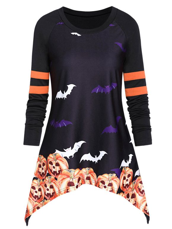 T-shirt d'Halloween Asymétrique Chauve-souris Imprimé à Manches Longues - Noir XL
