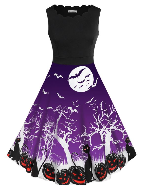 Robe d'Halloween Vintage à Imprimé Citrouille Chauve-souris de Grande Taille - Violet 1X