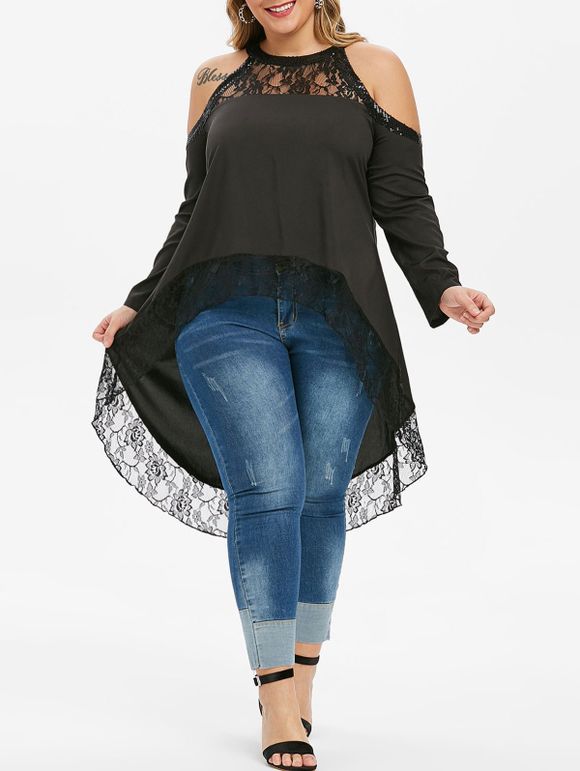 Chemisier Haut Bas Panneau en Dentelle à Epaule Dénudée Grande Taille à Paillettes - Noir 3X